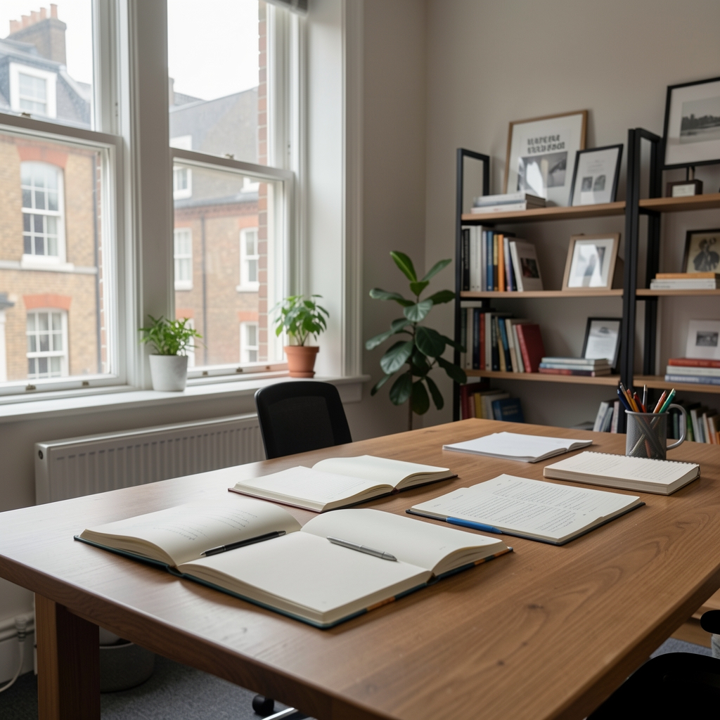 Two editors reviewing printed articles spread across a large wooden desk, notebooks open, daylight from tall windows