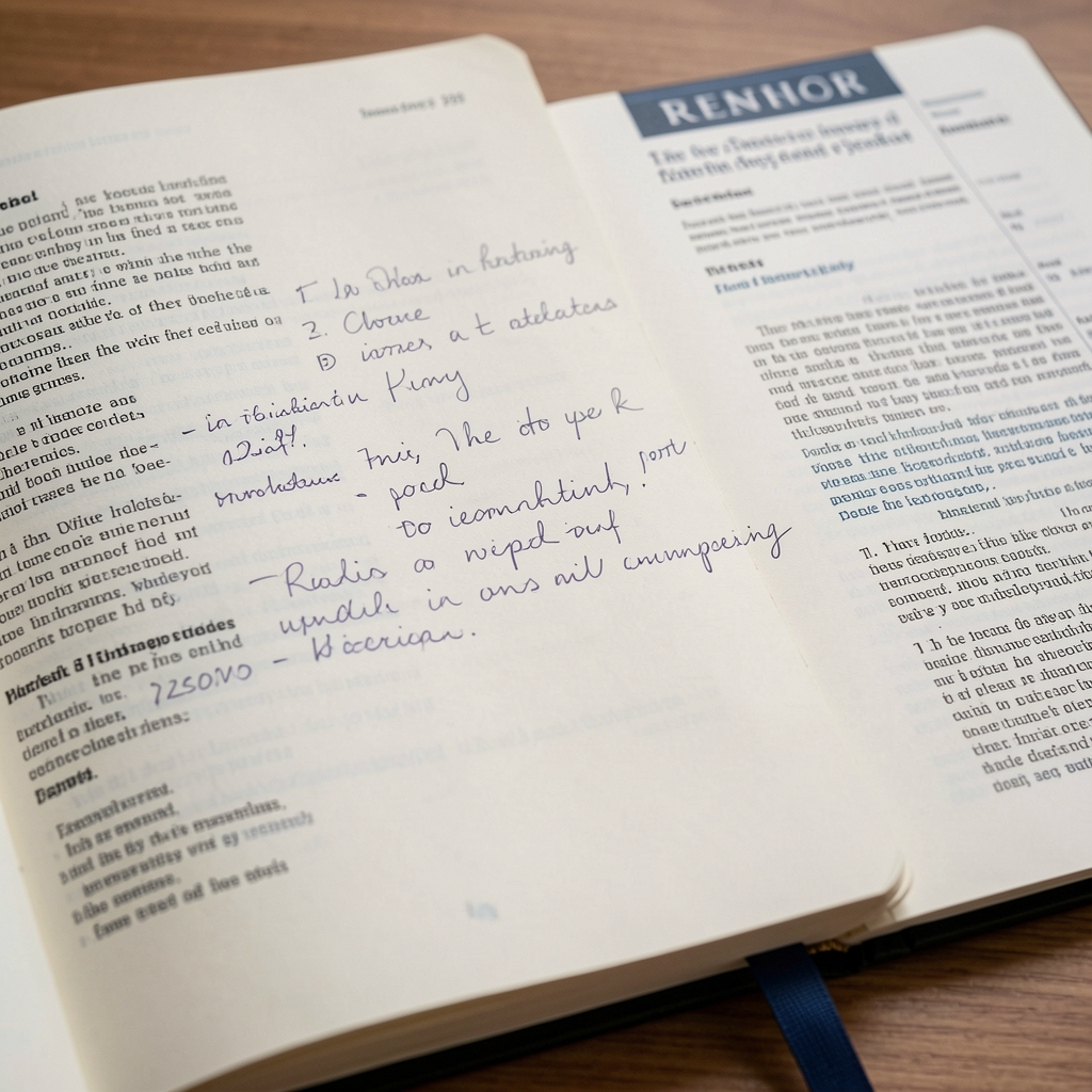 Close-up of an open research journal with handwritten margin notes, editorial reference material