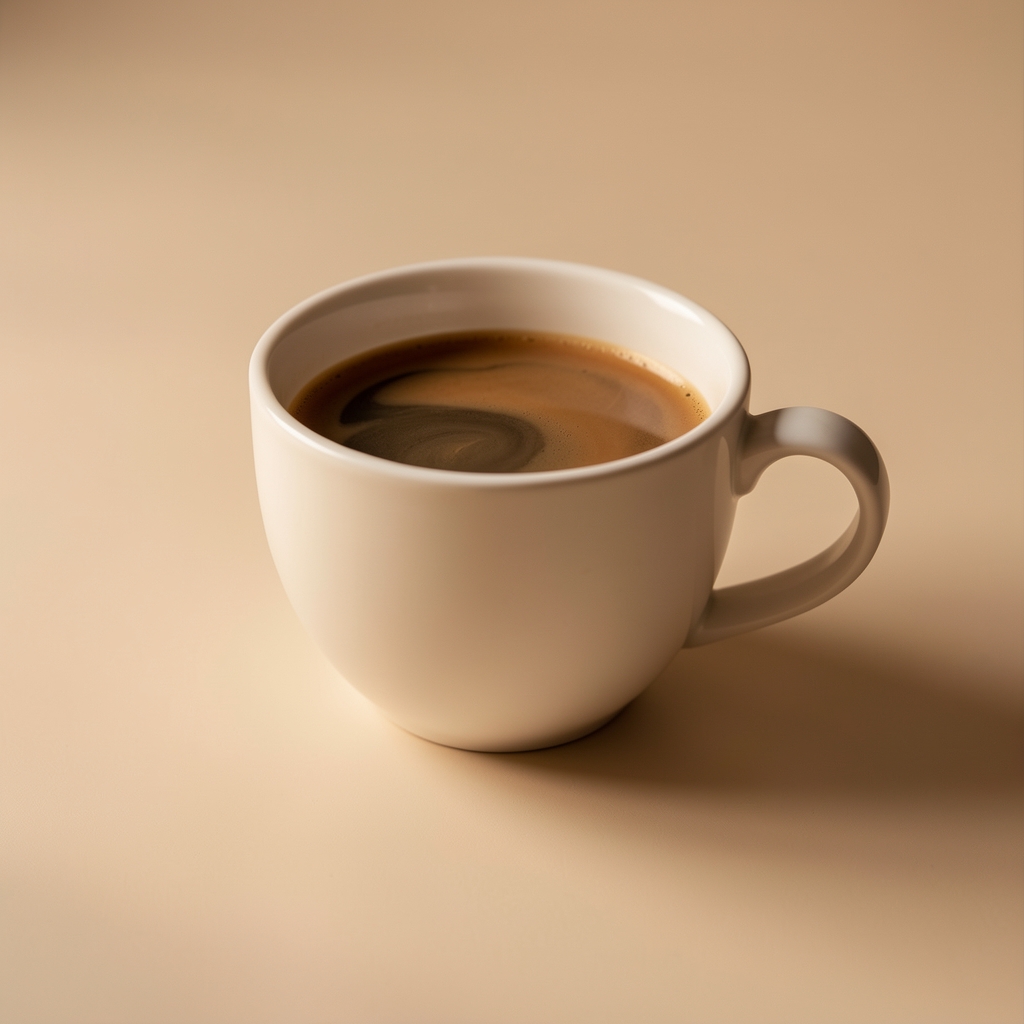 Single cup of coffee on a plain surface, minimal composition, controlled warm lighting