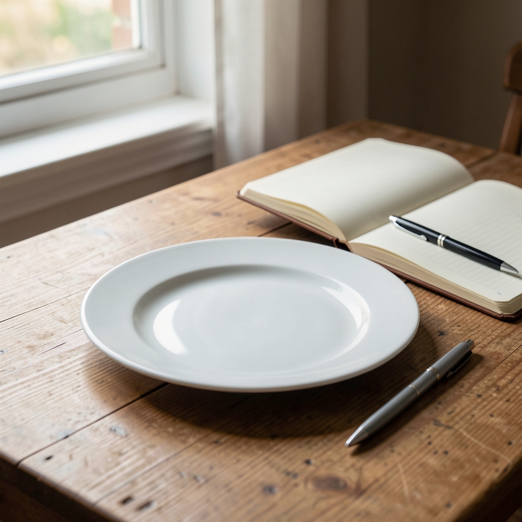 Empty dinner plate on a wooden table with an open notebook and pen beside it, soft natural window light, quiet domestic setting
